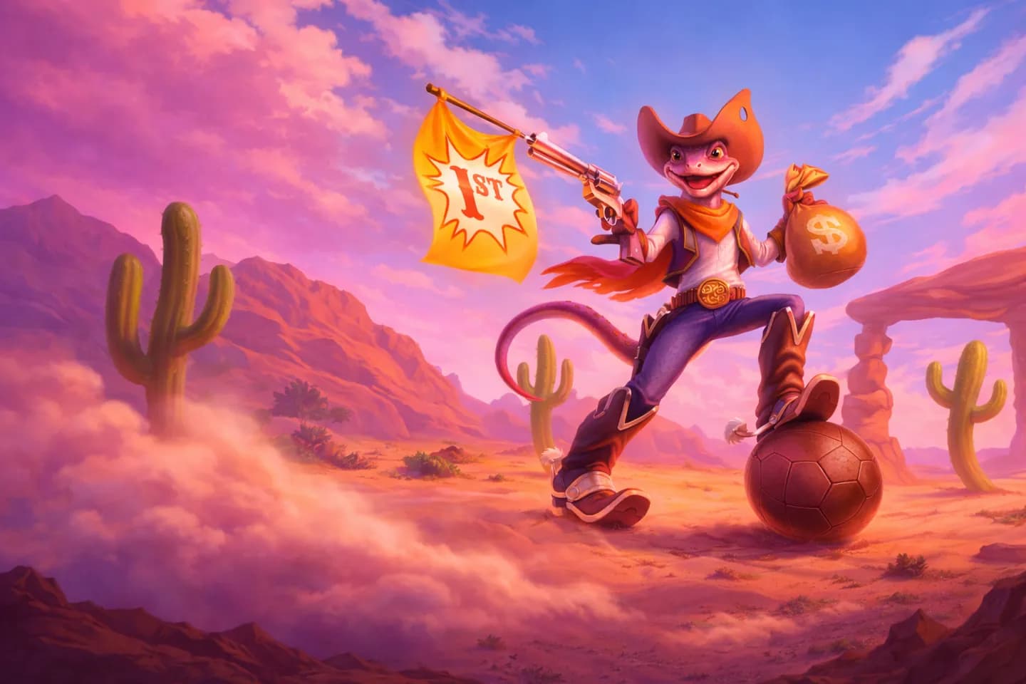 Lizaro cowboy with a money bag in the desert