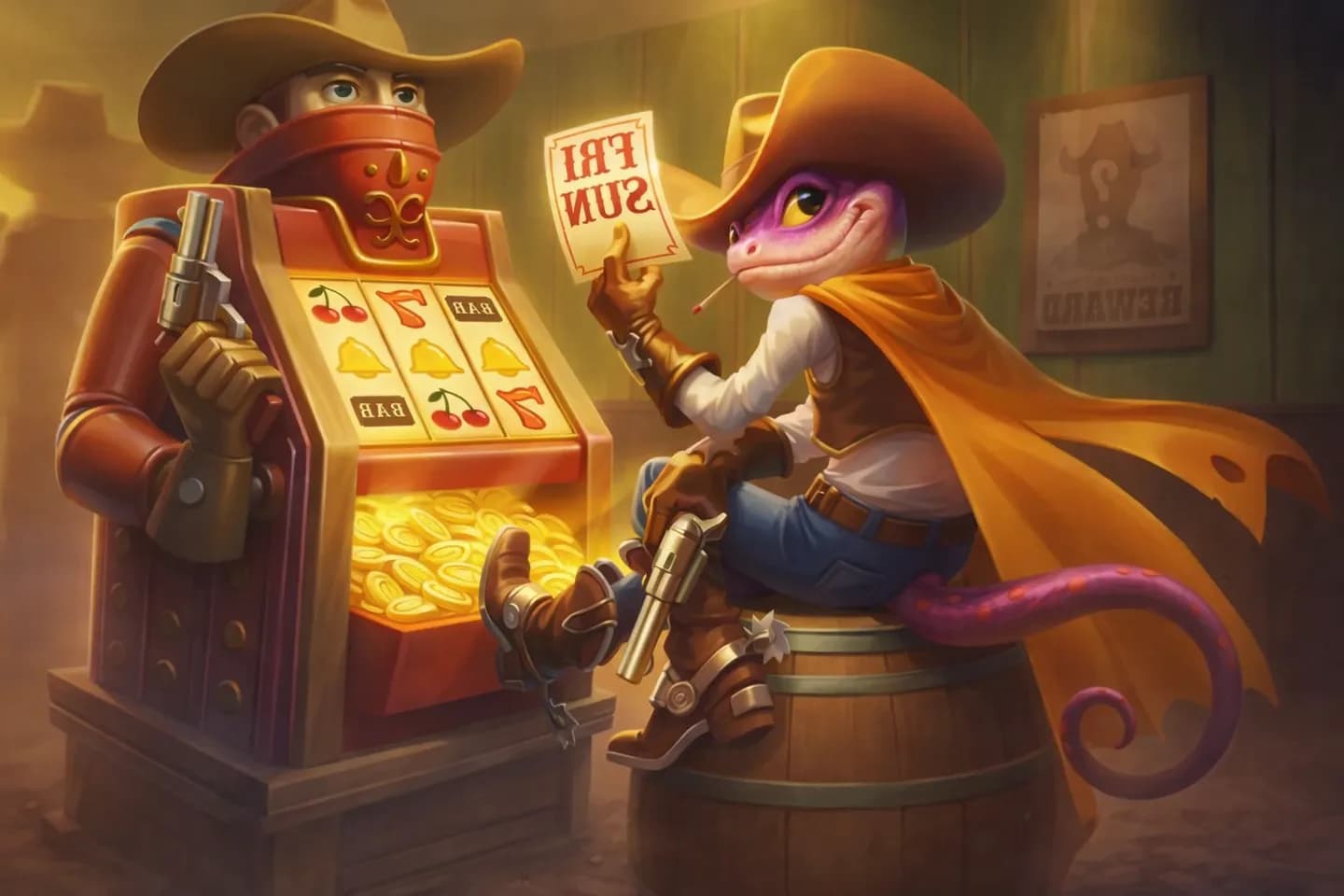 Lizaro cowboy with a prize poster next to a slot machine